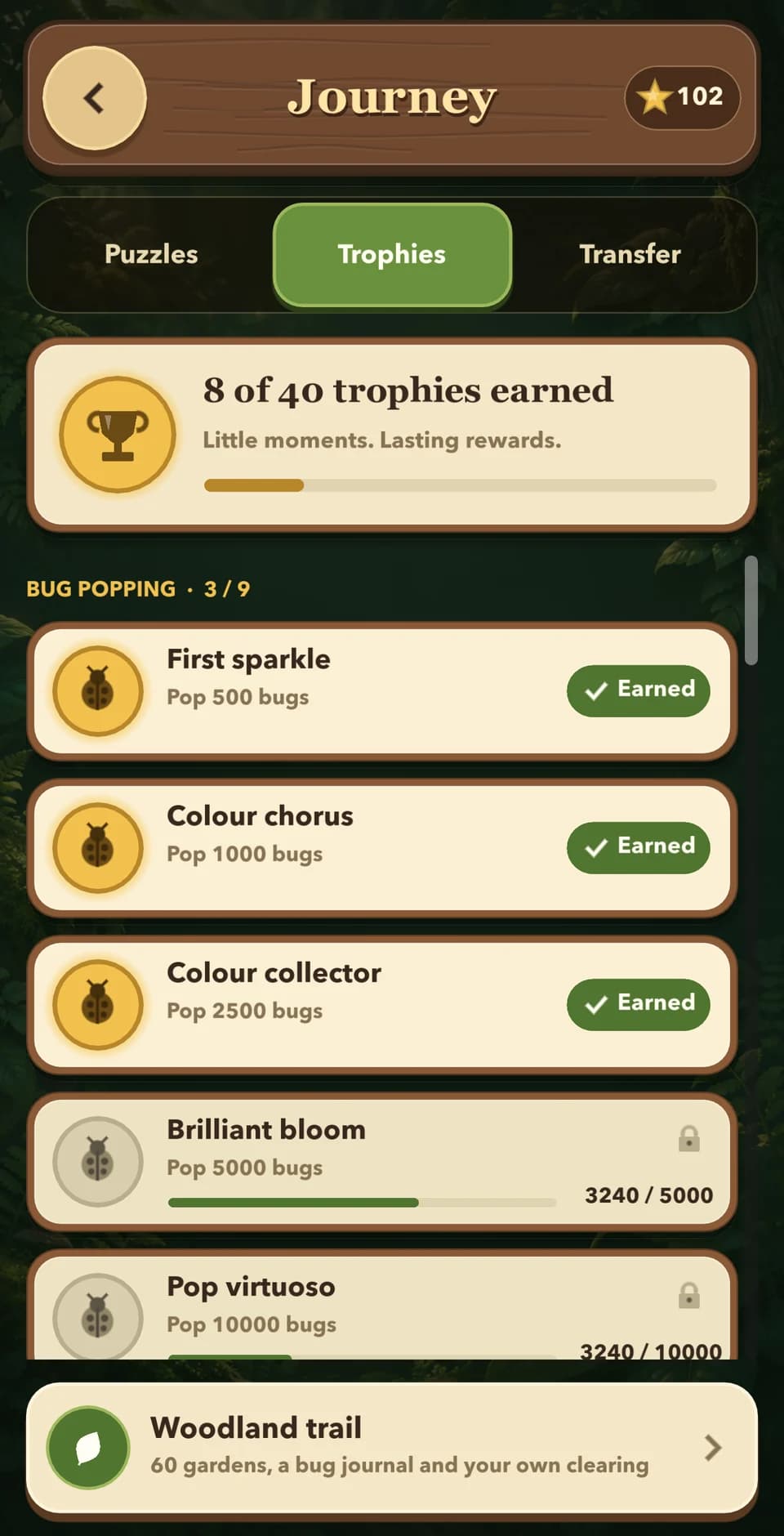 The Journey's trophies page, with 8 of 40 trophies earned: First sparkle, Colour chorus and Colour collector are done, and Brilliant bloom is on its way.