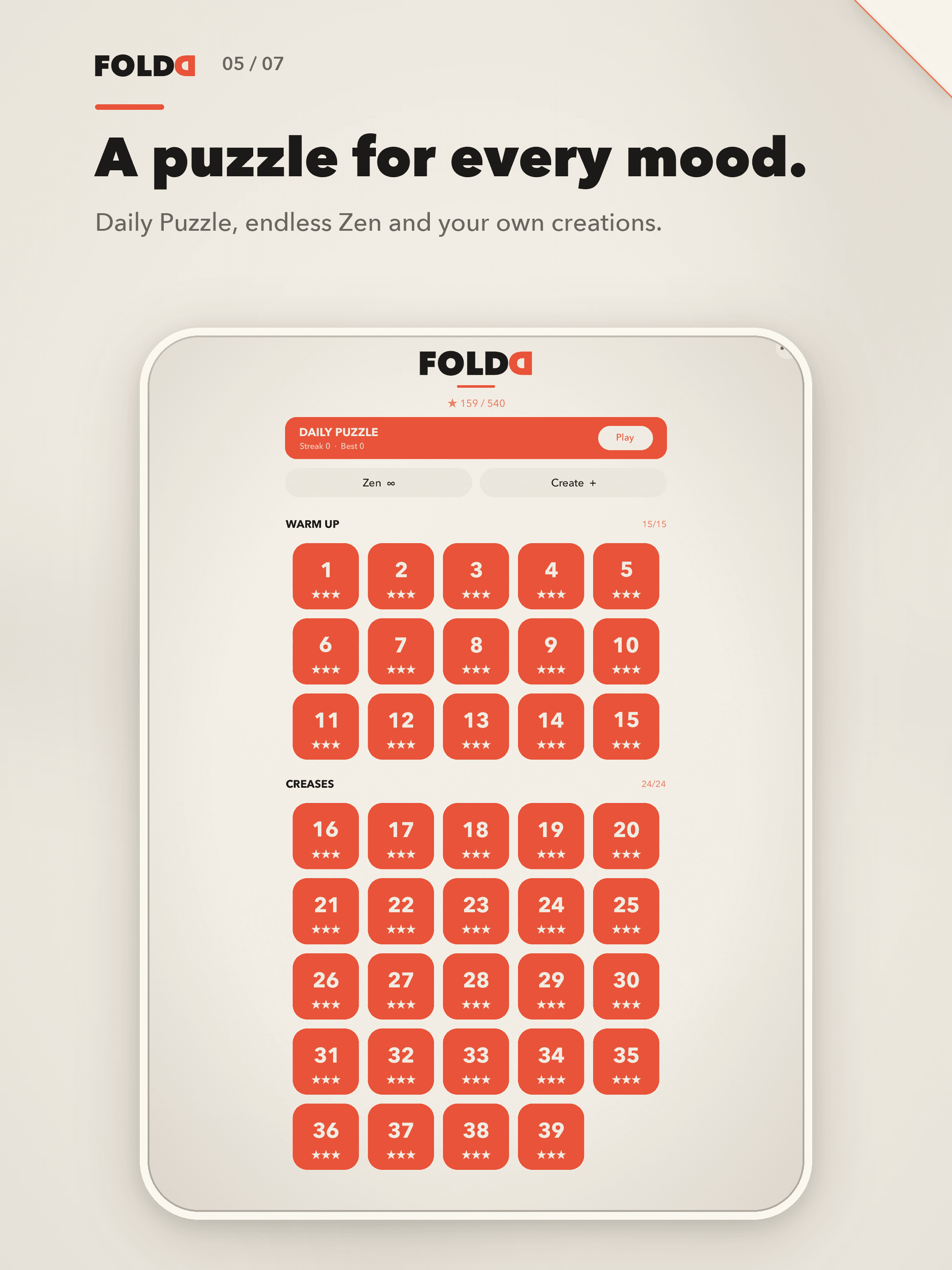 Foldd on iPad showing the campaign menu with Daily Puzzle, Zen and Create choices.