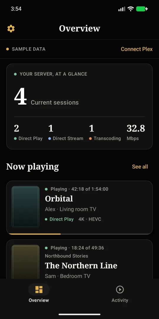 Lamphouse's Overview: 4 current sessions, 2 Direct Play, 1 Direct Stream, 1 Transcoding and 32.8 Mbps.