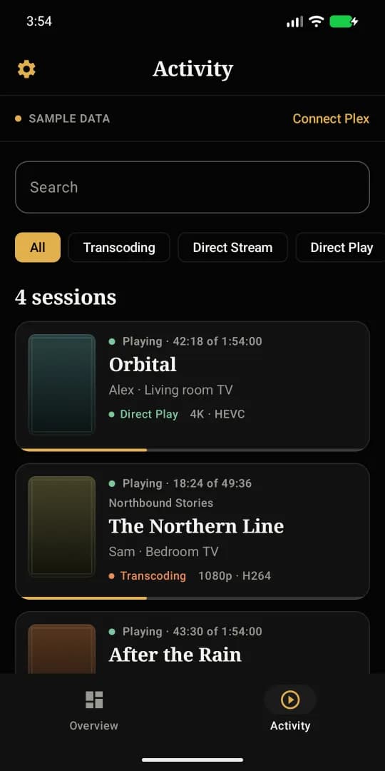 Lamphouse's Activity screen with the search field, the filters and four sessions.
