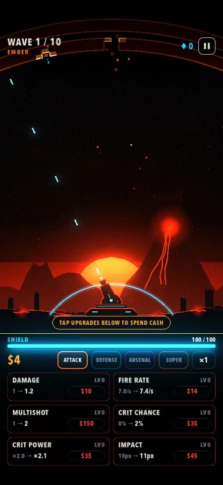 Last Arc's first world, Ember: a red sunset behind the cannon under its shield arc.