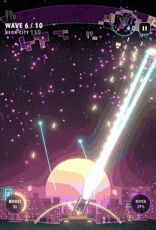 Last Arc gameplay: the cannon fires up into a neon wall of blocks as it breaks apart.